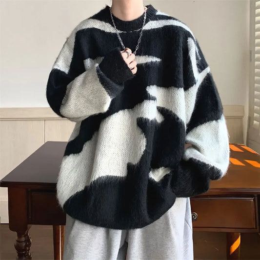 Young Style Loose Knitted Pullovers Men's Clothing Basic Round Neck Autumn Winter Vintage Contrasting Colors Patchwork Sweaters