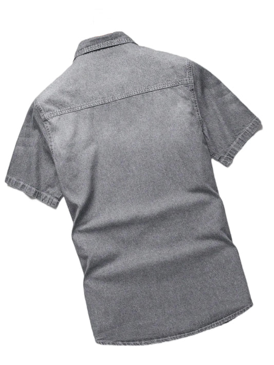 Men's Summer Grey Denim Short Sleeve Shirt with Distressed and Ripped Details, Urban Street Fashion Casual Style