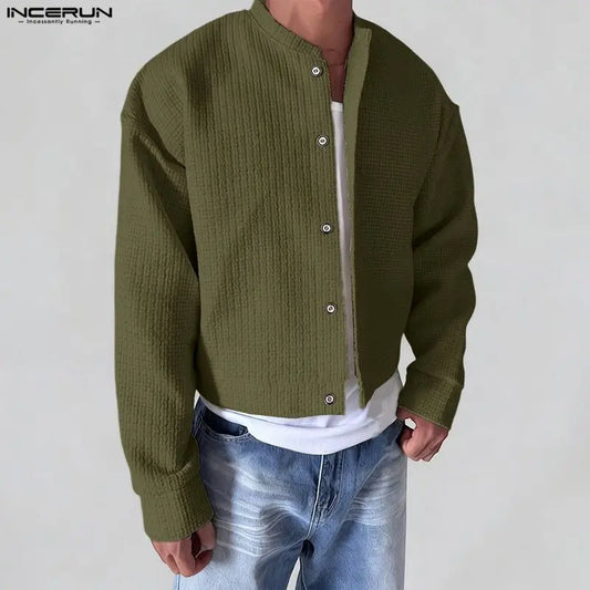INCERUN Men Jackets Solid Color O-neck Long Sleeve Button Thin Coats Men Streetwear Outerwear 2025 Fashion Casual Male Jackets