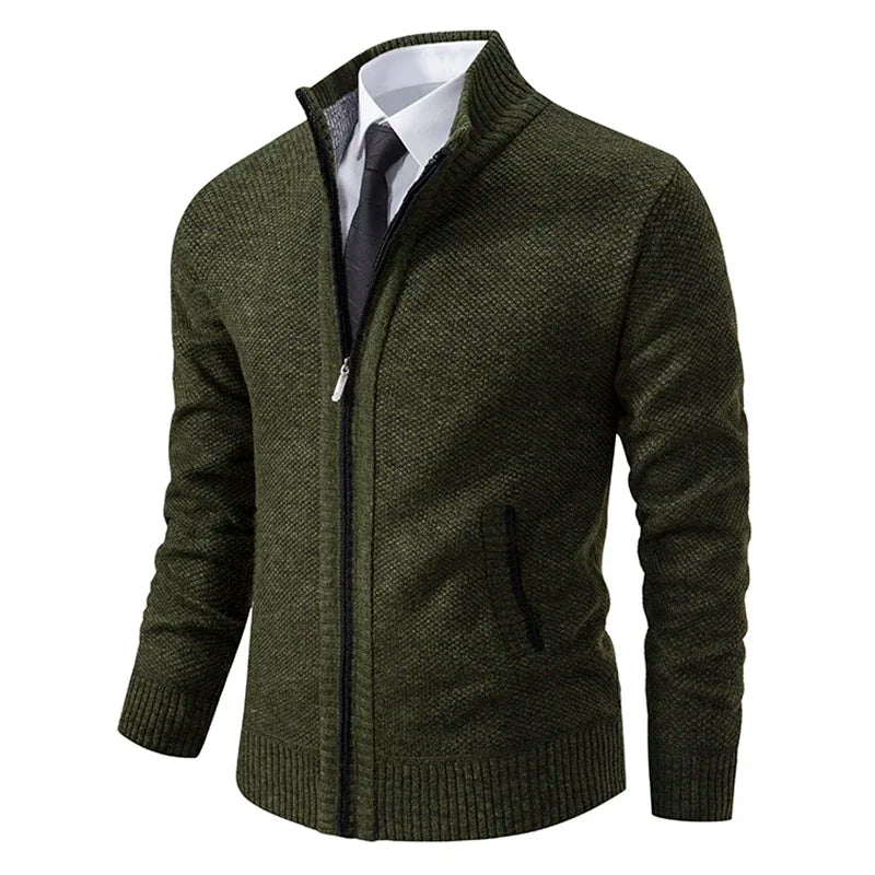 Autumn Winter Men's Casual Sweaters Solid Color Turtleneck Sweater Cardigan Fleece Zipper Cardigan Knit Jackets