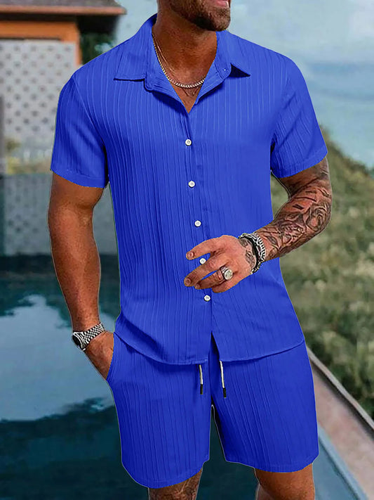 Spring And Summer New Sports Men's Polo Casual Solid Color Loose Short-sleeved Drawstring Shorts Cardigan Striped Sports Suit
