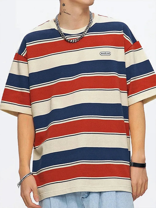 Y2K Loose Contrast Color Short Sleeve Striped T-shirts Couples Men Summer Tops Clothes Clothing Streetwear Unisex Tees