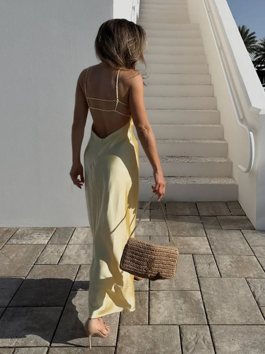 Yellow Elegant Satin Sling Maxi Dresses Fashion Sleeveless Backless V Neck Slim Fit Long Gowns Lady New Evening Party Robes 2025