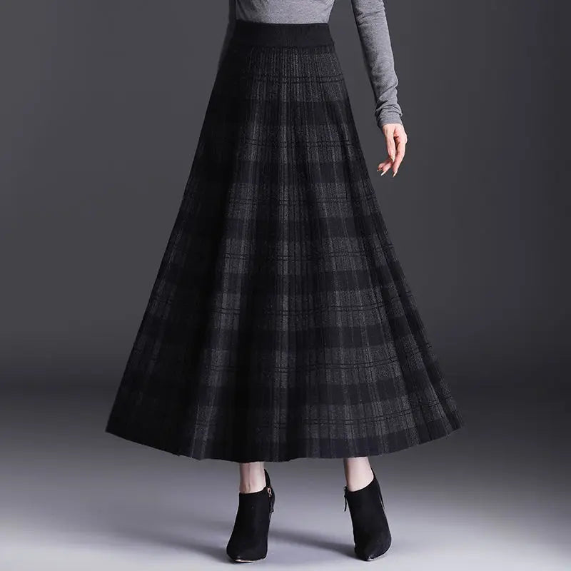 Autumn Winter High Waist Knitted A-line Maxi Skirt Women Casual Skirt Plaid Long skirt