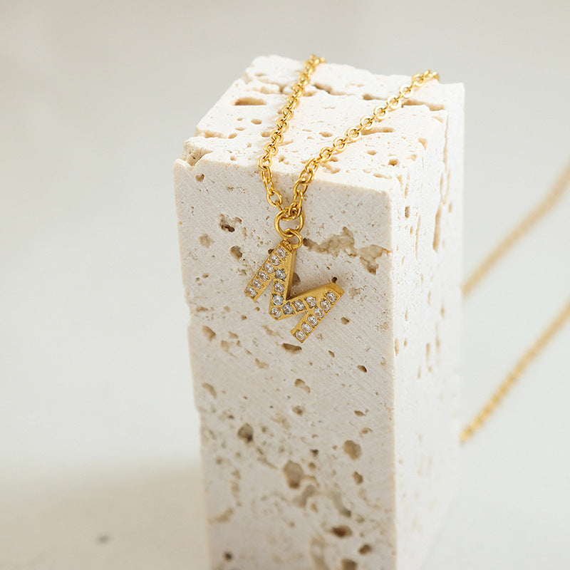 Small Fragrant Style Fashion Trend Cute Temperament 26 Personal Letters Zirconia Necklace Titanium Steel Jewellery
