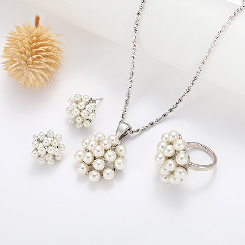 Pearl Pendant Necklace Earrings Ring Jewelry Set