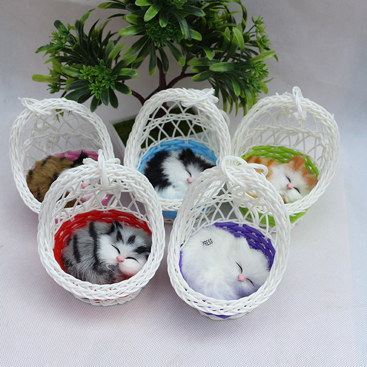 Simulation Sounding Sleeping Cats Plush Dolls Toy With Basket Nest