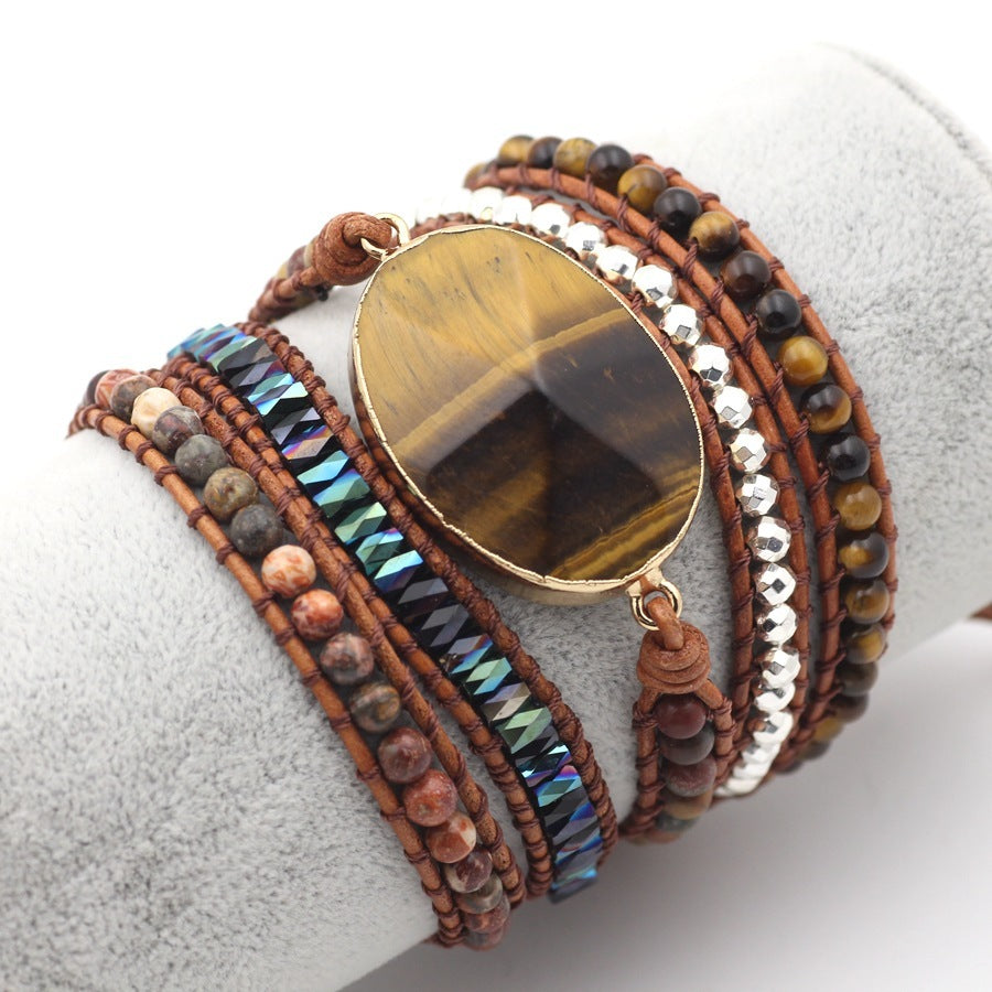 Natural Stone Bracelet for Men and Women Tiger Eye Beaded Hand-woven Leather Bracelet Punk Rock Couples Hand Accessories