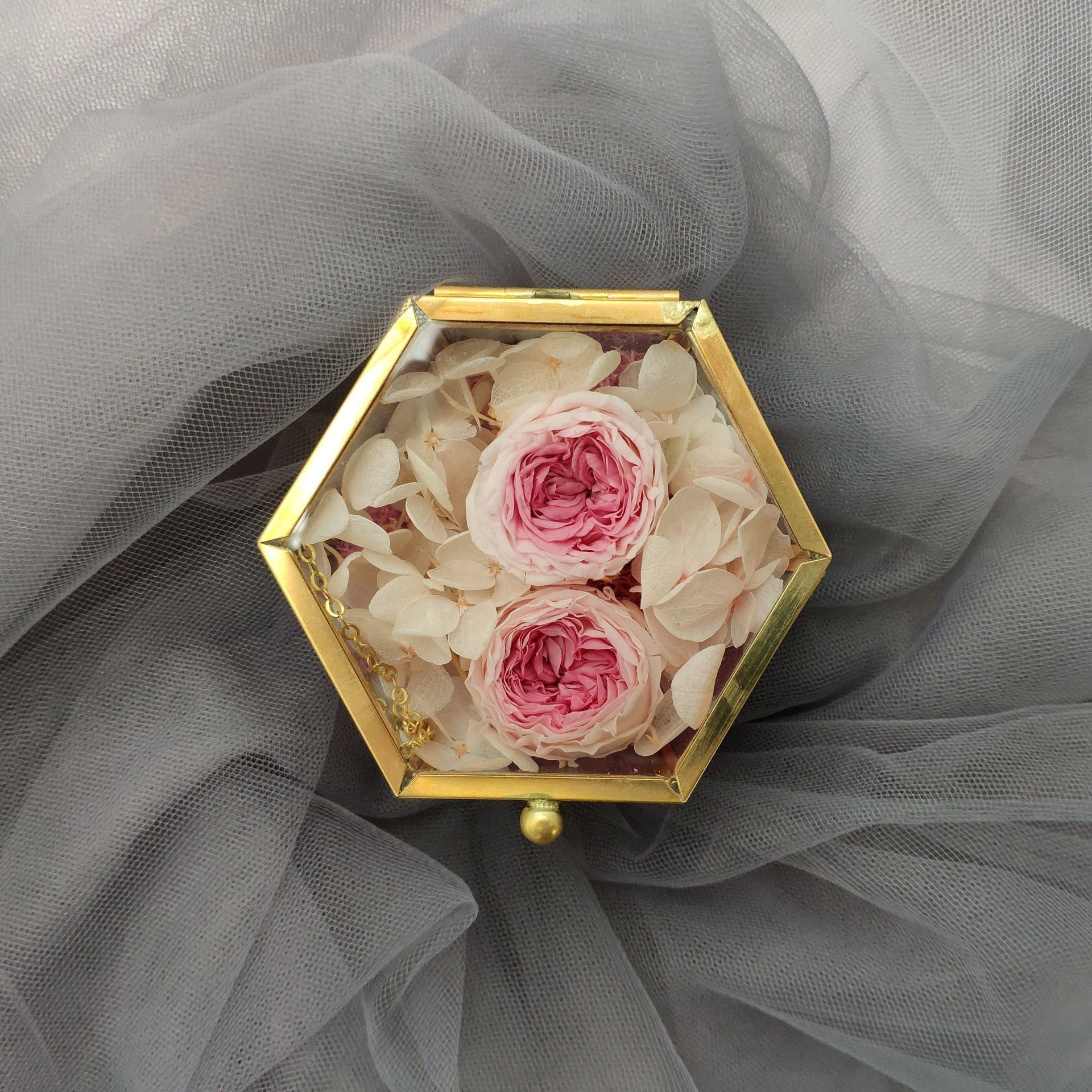 Mini Gold Eternal Flower Hexagon  Glass Jewellery Ring Box