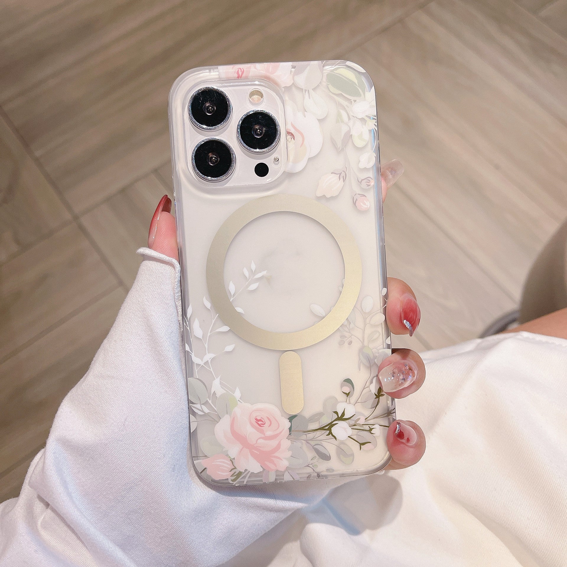 Magnetic Suction Clear Frosted Flower Phone Case