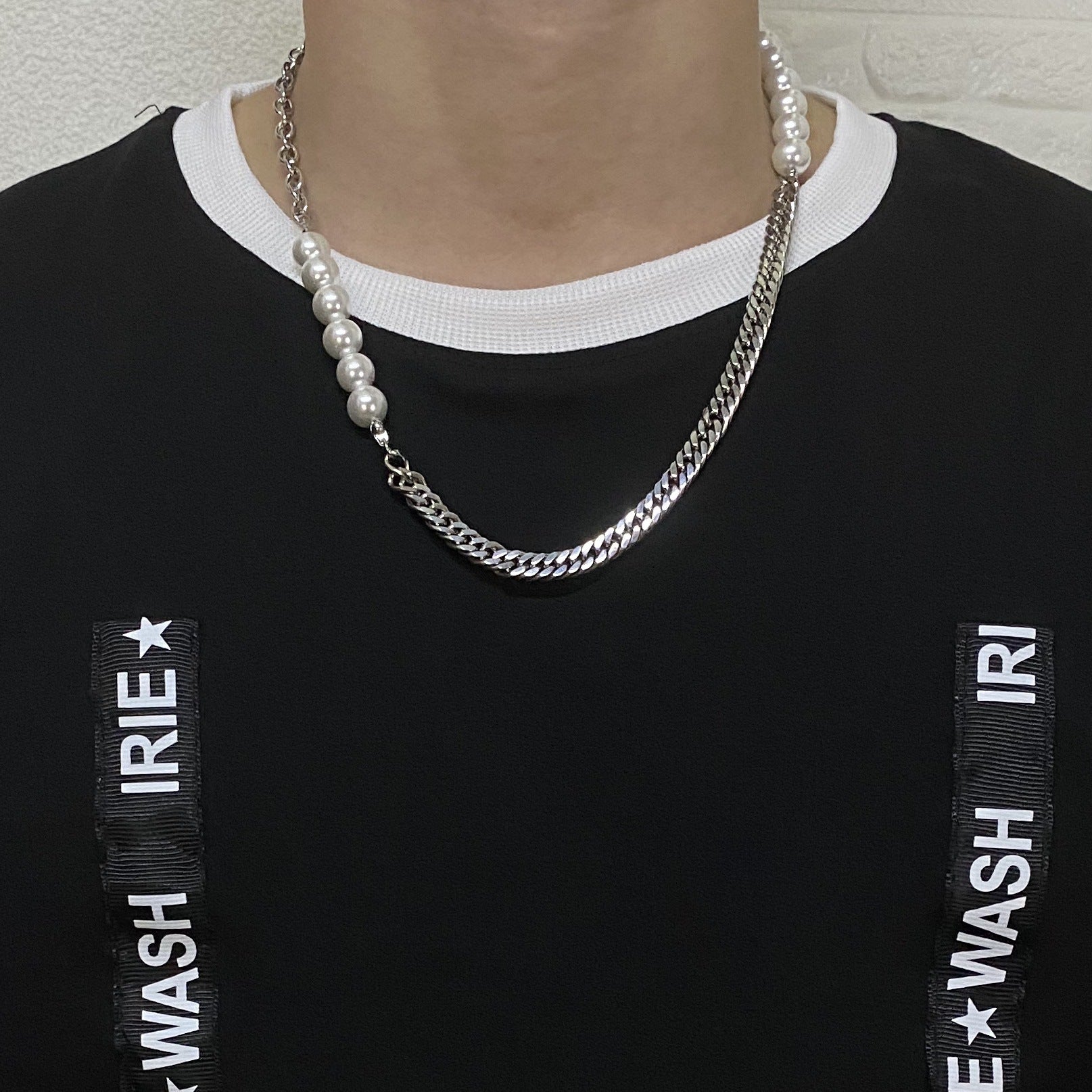 Hip Hop Titanium Steel Stitching Pearl Necklace For Men And Women Trendy Ins Cold Style Sweater Chain Niche Design Accessories