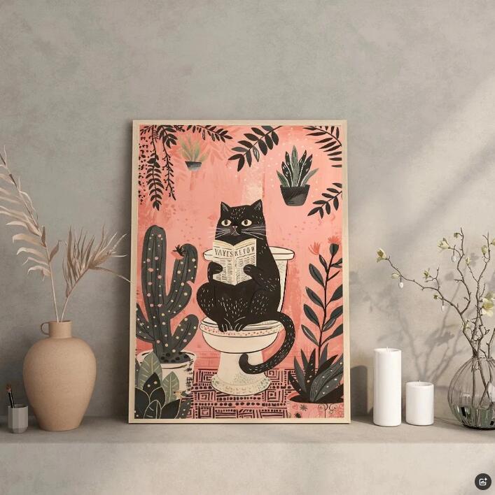 Funny Black Cat Reading Poster Printed Canvas Decorative Painting On Toilet