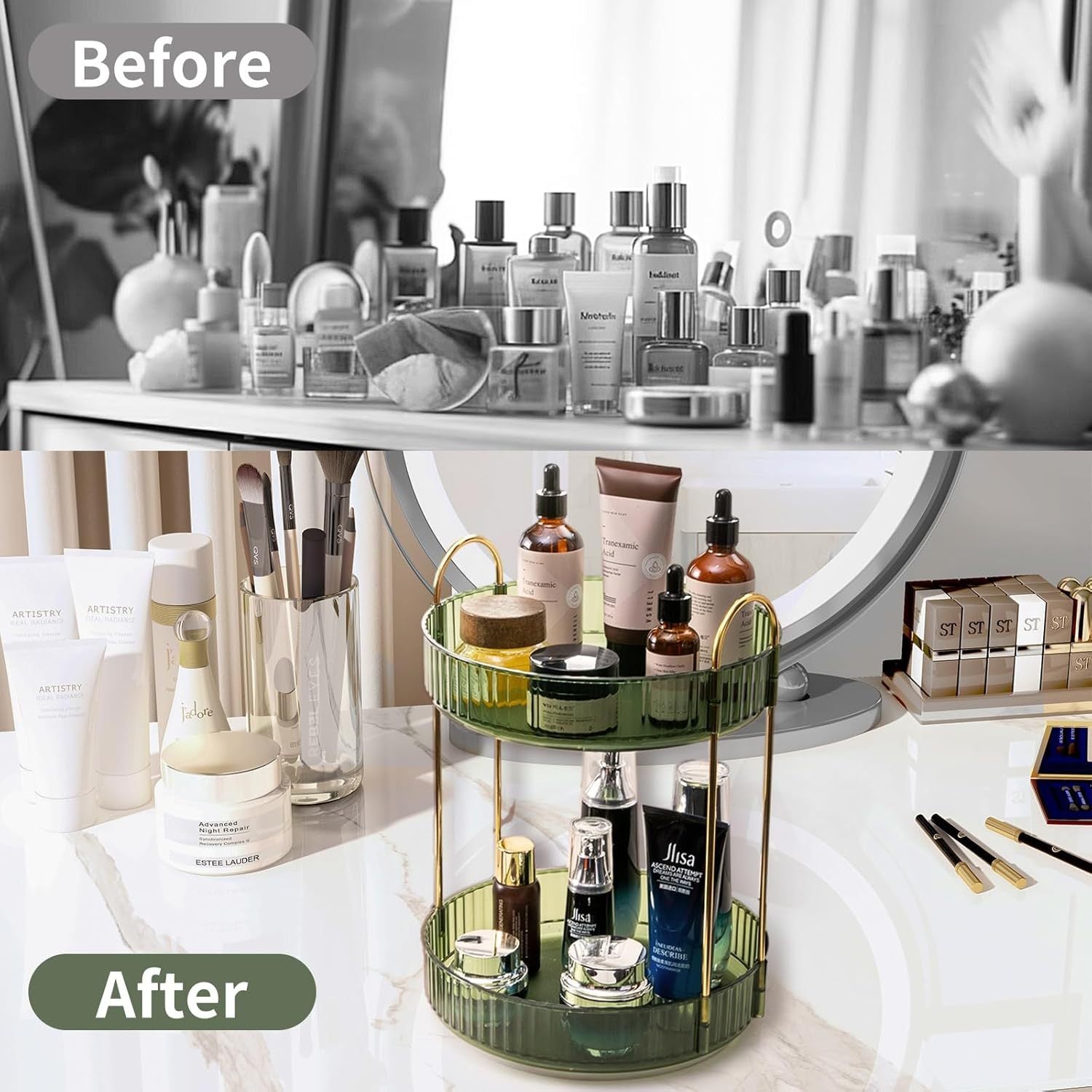 360 Rotating Makeup Organizer - 3-Size Spinning Cosmetic & Skincare Holder For Vanity Countertop 3 Colors