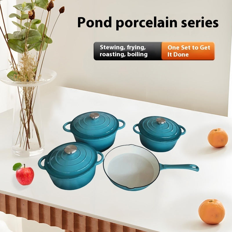 Inner White Enameled Cast-iron Cookware Household Enamel Soup Deep Stew Casserole Four-piece Set