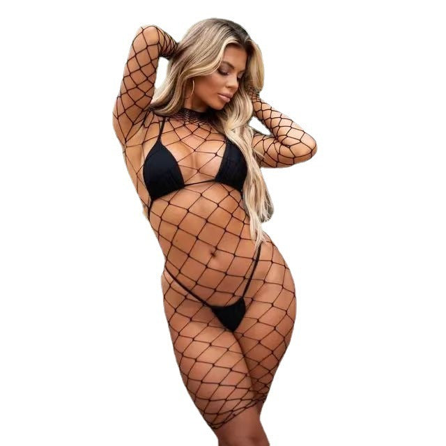 Hollow-out Fishnet Clothes Sheath Long Sleeve Short Dress Jumpsuit