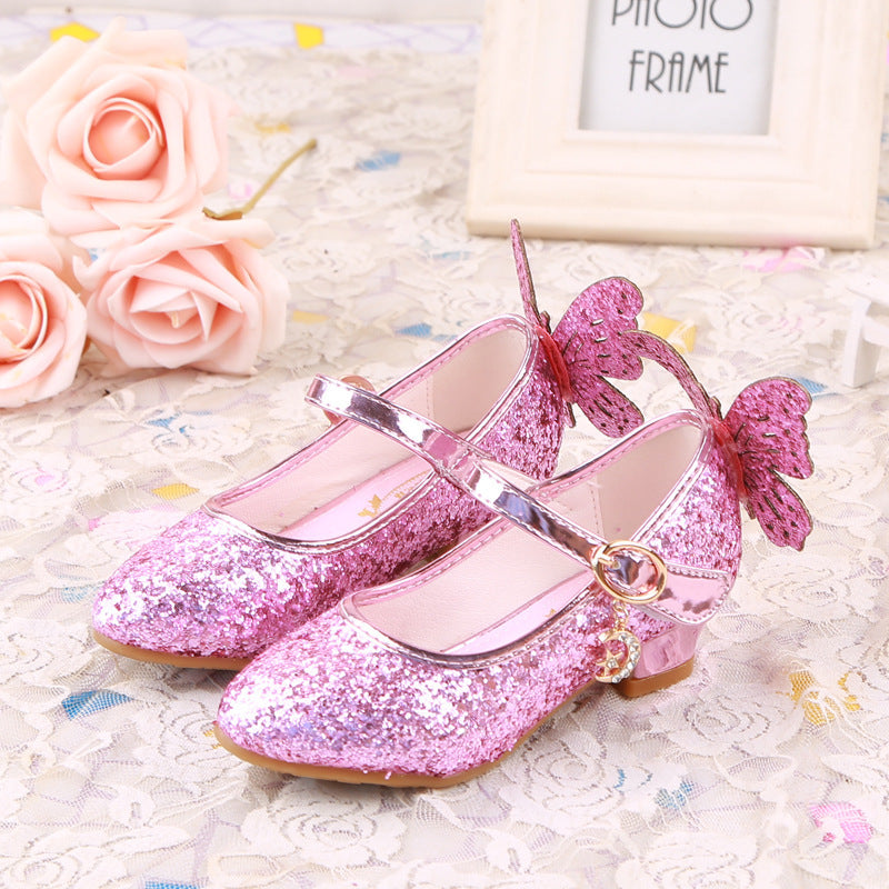 Butterfly Princess Shoes Children High Heel Leather Shoes