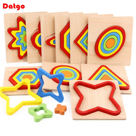 High Quality Colorful 3D Wooden Geometric Shapes Cognition Puzzles Board Math Game Montessori Learning Educational For Kids Toys