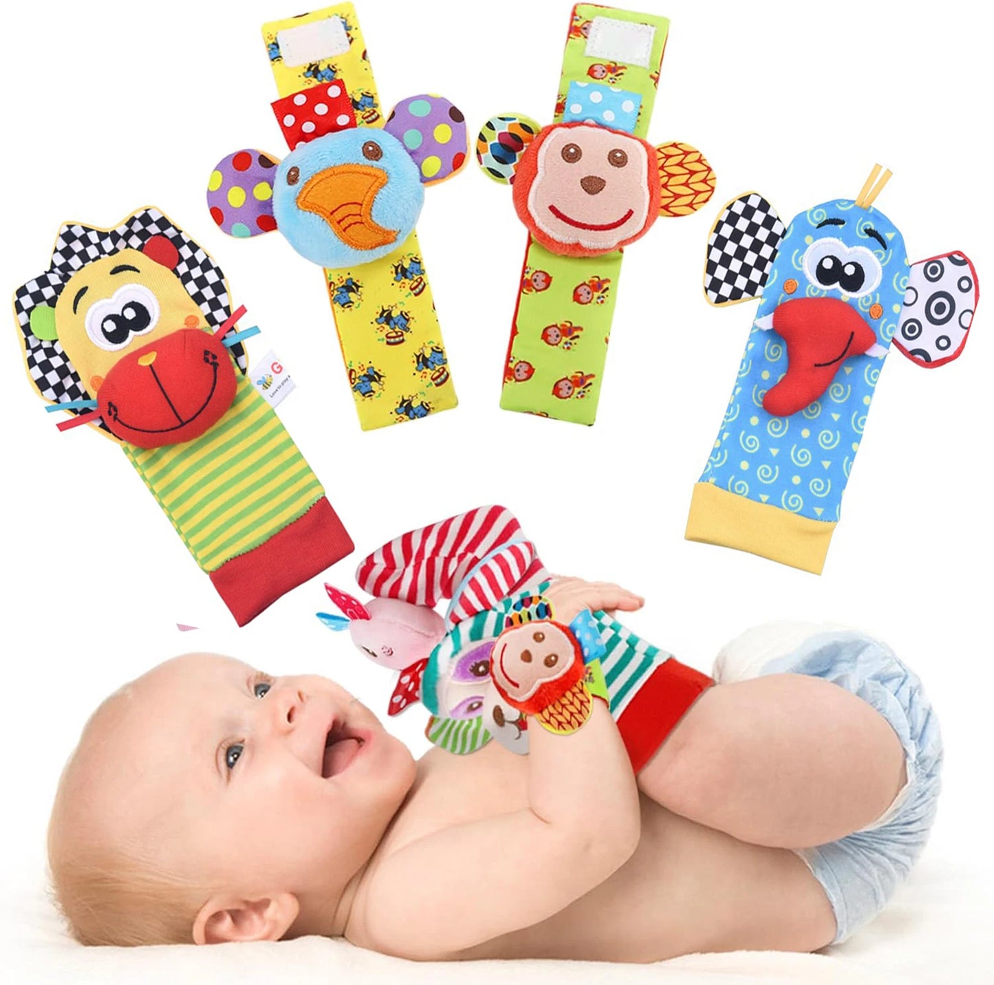 Baby Rattles Socks Toys 0 12 Months Newborn Infant Cartoon Plush Socks Wrist Strap Foot Finder and Wrist Rattles Toys for Babies