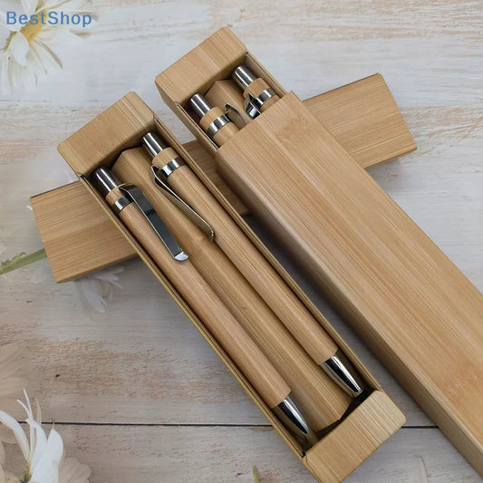 ♥Eco-Friendly Bamboo Pen Set with Gift Box - Retractable Ballpoint Pens for Office/Stationery (Natural Wooden Style)