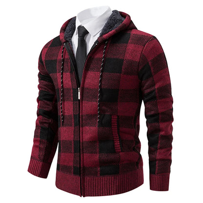 Autumn Winter Men's Cardigan Fashion Plus Velvet Padded Knit Jumpers Male Sweater Hooded Plaid Korean Luxury Brand Coat