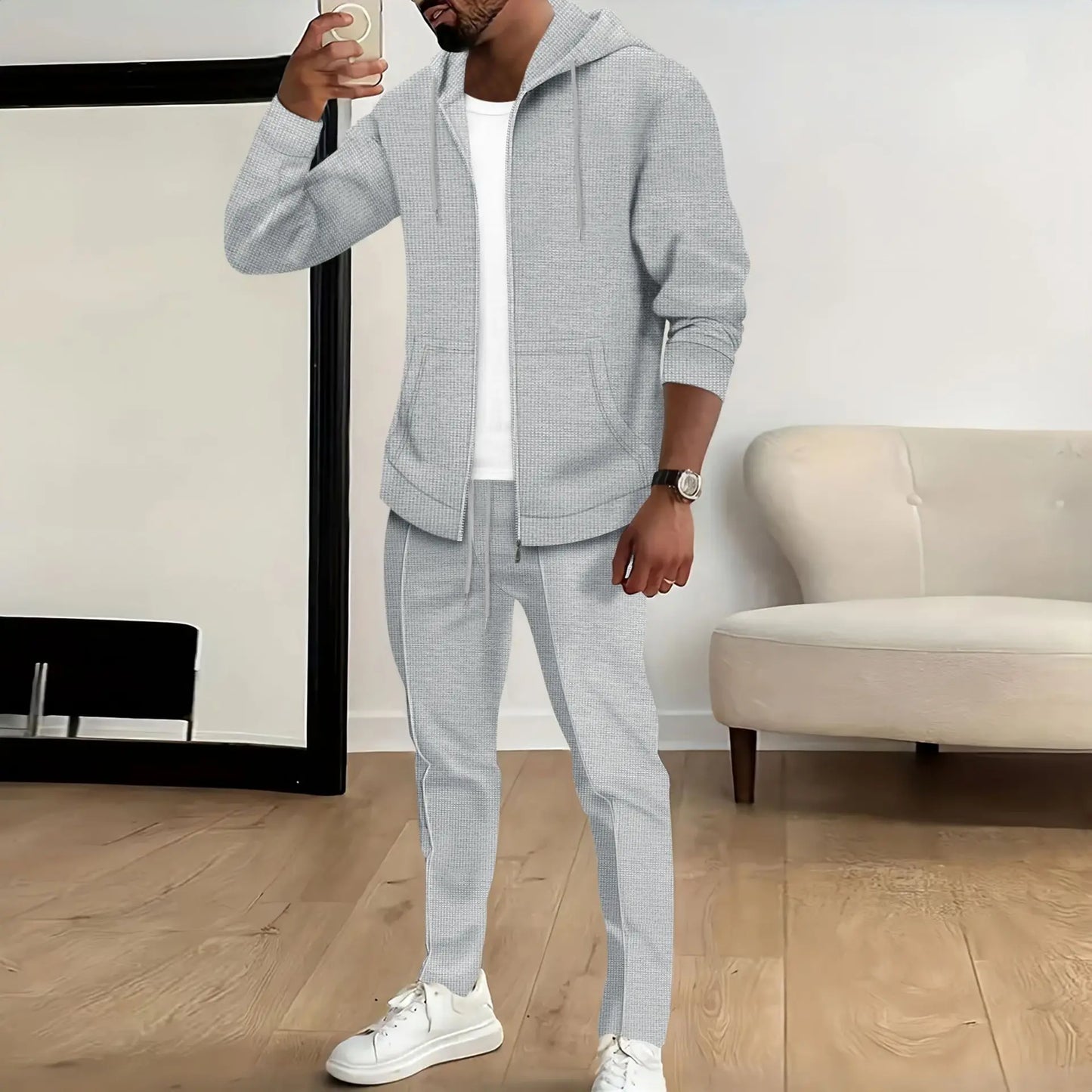 Spring and autumn new Waffle men's casual slim-fit hooded long-sleeved cardigan matching color fashion high quality tracksuit pa