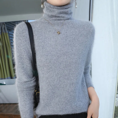 Autumn And Winter New 100% Pure Mink Cashmere Sweater Women's Pile Collar Pullover Slim Sweater Knitted Bottoming Shirt
