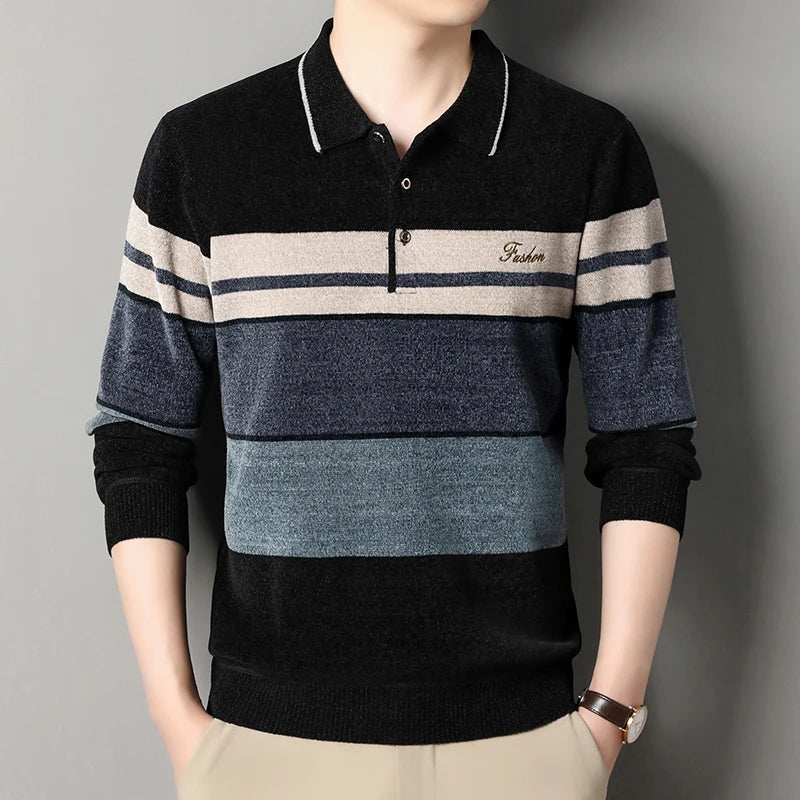 Men's Lapel Sweater Fashion Striped Knitted Pullovers Autumn Winter Fleece Lined Knitwear Thickened Jumpers New Jersey