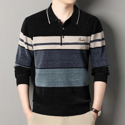 Men's Lapel Sweater Fashion Striped Knitted Pullovers Autumn Winter Fleece Lined Knitwear Thickened Jumpers New Jersey