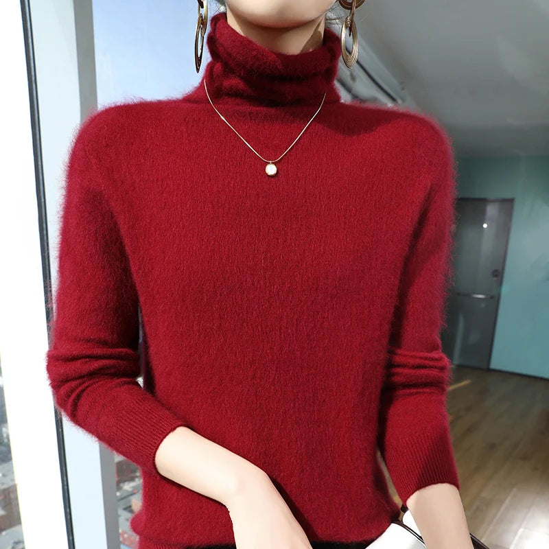 Autumn And Winter New 100% Pure Mink Cashmere Sweater Women's Pile Collar Pullover Slim Sweater Knitted Bottoming Shirt