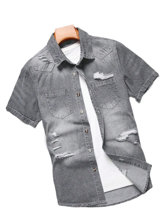 Men's Summer Grey Denim Short Sleeve Shirt with Distressed and Ripped Details, Urban Street Fashion Casual Style