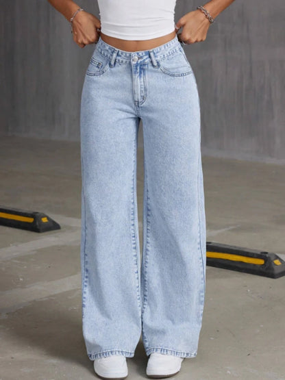 HOUZHOU Women's Loose Fit Distressed Straight Leg Jeans Blue Sweet Bow Embroidery Denim Trousers Casual Baggy Jeans with Pockets