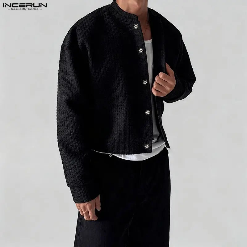 INCERUN Men Jackets Solid Color O-neck Long Sleeve Button Thin Coats Men Streetwear Outerwear 2025 Fashion Casual Male Jackets