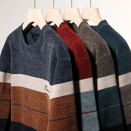 Men's Lapel Sweater Fashion Striped Knitted Pullovers Autumn Winter Fleece Lined Knitwear Thickened Jumpers New Jersey