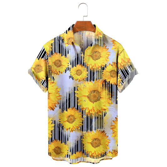 Men's Hawaiian Shirt, 3D Sunflower Print T-Shirt, Floral Single Row Button Lapel, Large 5XL, Casual Style, Beach To