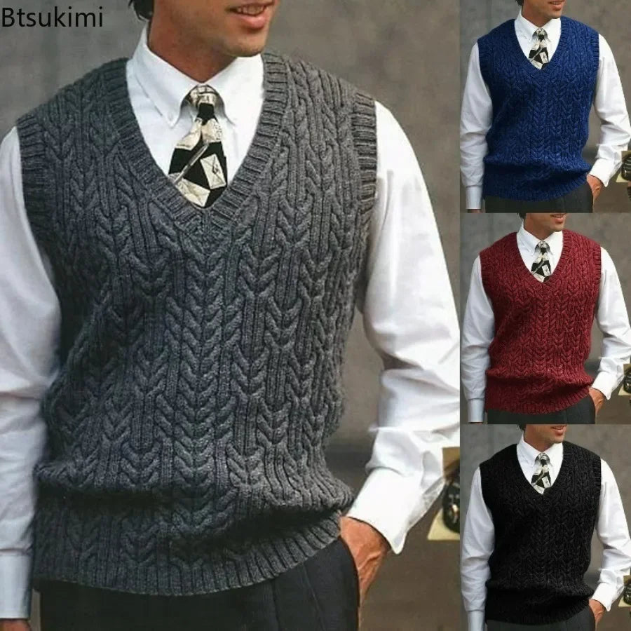 2026 Men's Autumn Winter Warm Casual Knitted Sweater Vest  Sleeveless V Neck Fleece Western Sweaters for Men Sueter Para Hombre