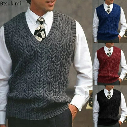 2026 Men's Autumn Winter Warm Casual Knitted Sweater Vest  Sleeveless V Neck Fleece Western Sweaters for Men Sueter Para Hombre