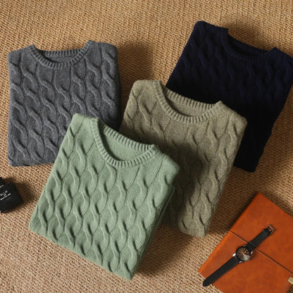 Autumn Winter Thickened Cashmere Sweater 100% Merino Wool Men's Top O-Neck Twisted Pullover Knitted Loose Long Sleeve Sweater
