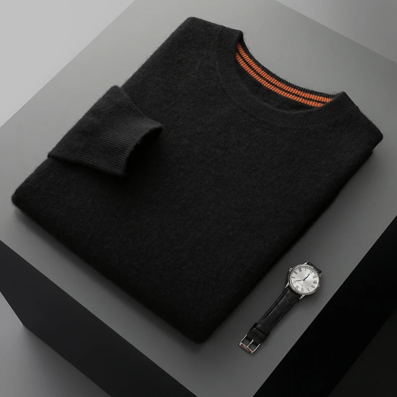 Autumn Winter Men's O-Neck Pullover Sweater 100% Cashmere Simple Basic Knitwear Cashmere Solid Color Clothing Casual Warm Tops