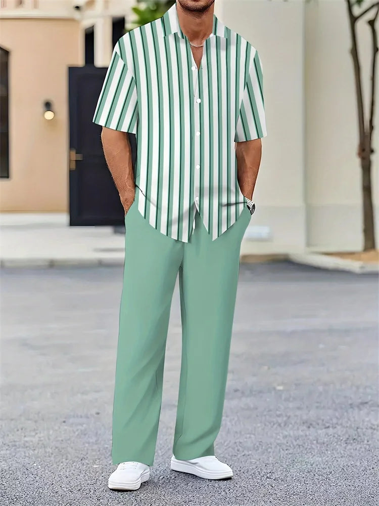 Light Blue Striped 3D Printed Men's Autumn Shirt Set, Outdoor Sports Casual Men's Lapel Shirt And Casual, Trendy And Fashionable