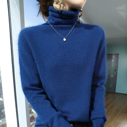 Autumn And Winter New 100% Pure Mink Cashmere Sweater Women's Pile Collar Pullover Slim Sweater Knitted Bottoming Shirt
