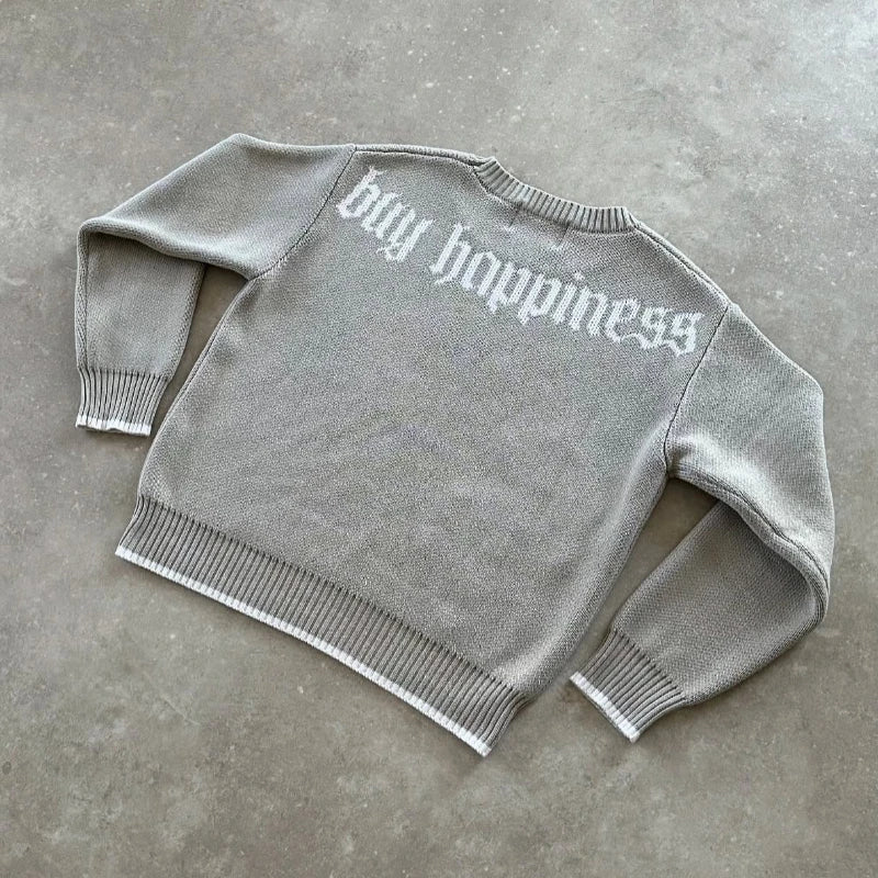 Men Gray Money Sign Sweater Y2k American Dollar Knit Pullover Vintage Classic Streetwear Warm Winter Crewneck Top Casual Fashion