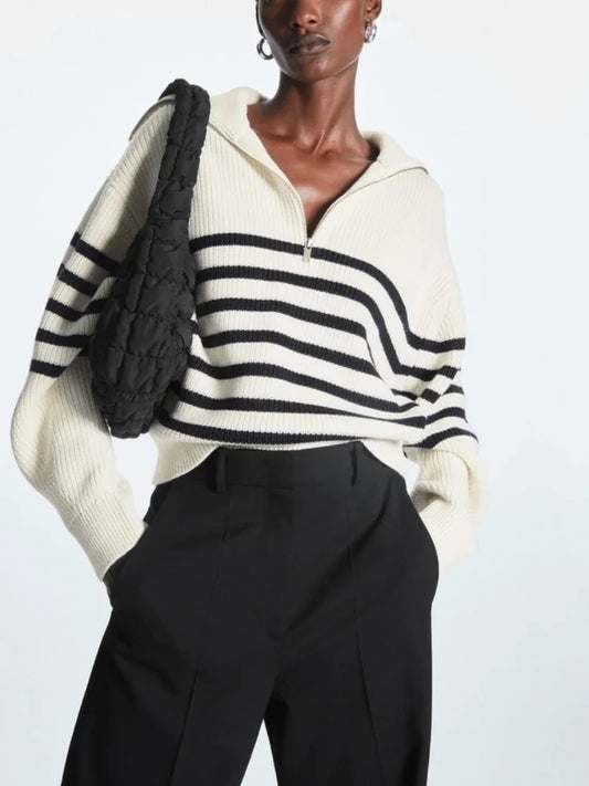 Women's Turtleneck Loose Lapel Striped Knitwear Women Pulovers New Simplicity Half Zipper Casual Fashion Women Sweaters 2025