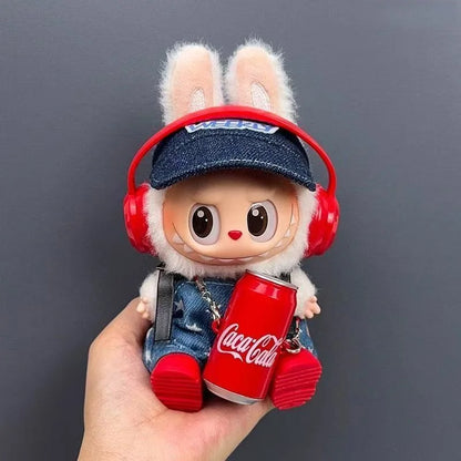 for 15-17cm Labubu Sitting Party Dolls Clothing Suspender Pants Duck Peaked Cap Kit Plush Dolls Cola Bottle Earphone Accessories