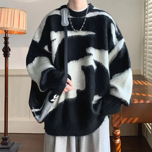 Young Style Loose Knitted Pullovers Men's Clothing Basic Round Neck Autumn Winter Vintage Contrasting Colors Patchwork Sweaters