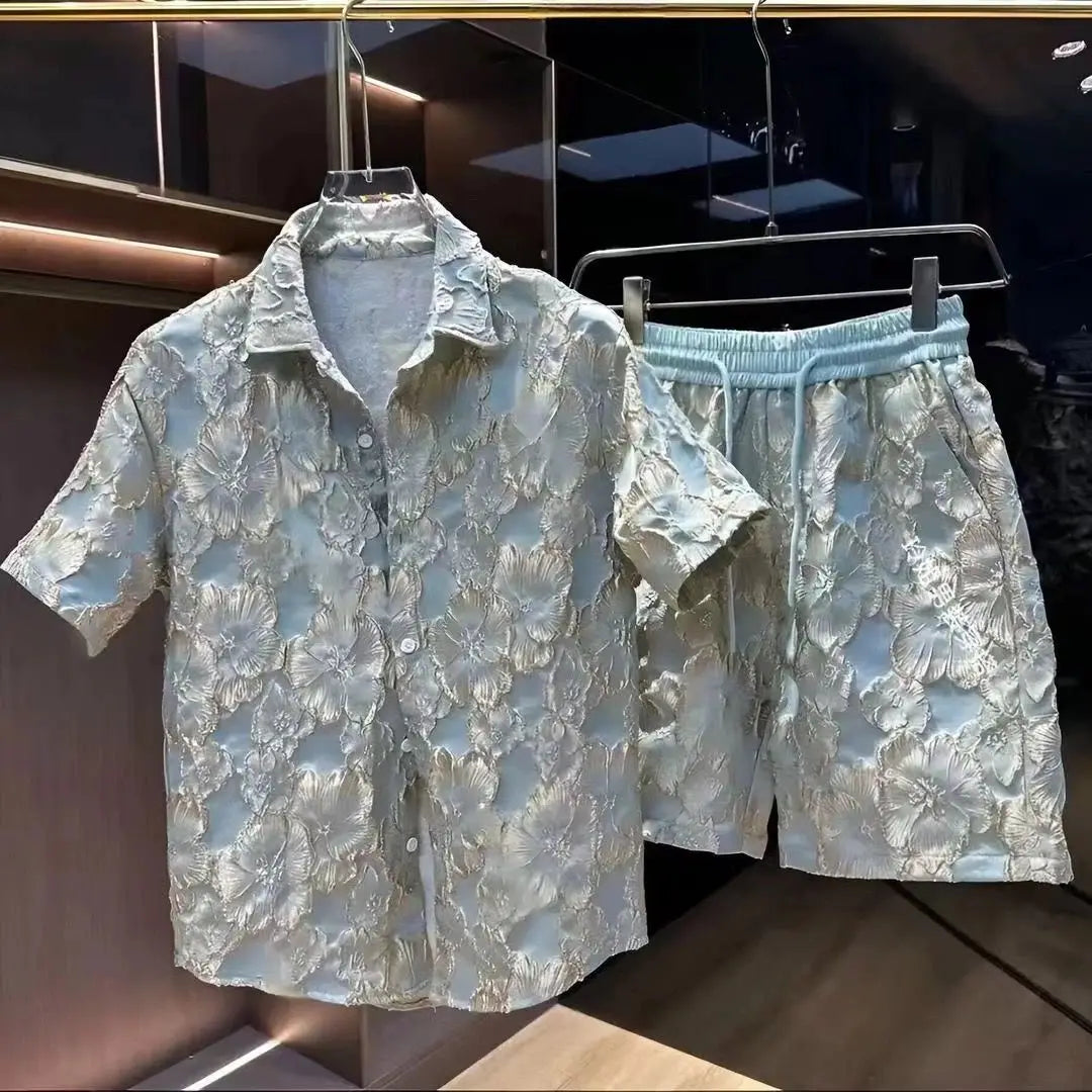 Ethnic Style Embossed Gold-hot Flower Short-sleeved Shirt and Shorts Two-piece Set Men Summer Loose Black Gold Shirt Set