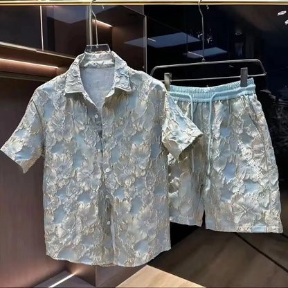 Ethnic Style Embossed Gold-hot Flower Short-sleeved Shirt and Shorts Two-piece Set Men Summer Loose Black Gold Shirt Set