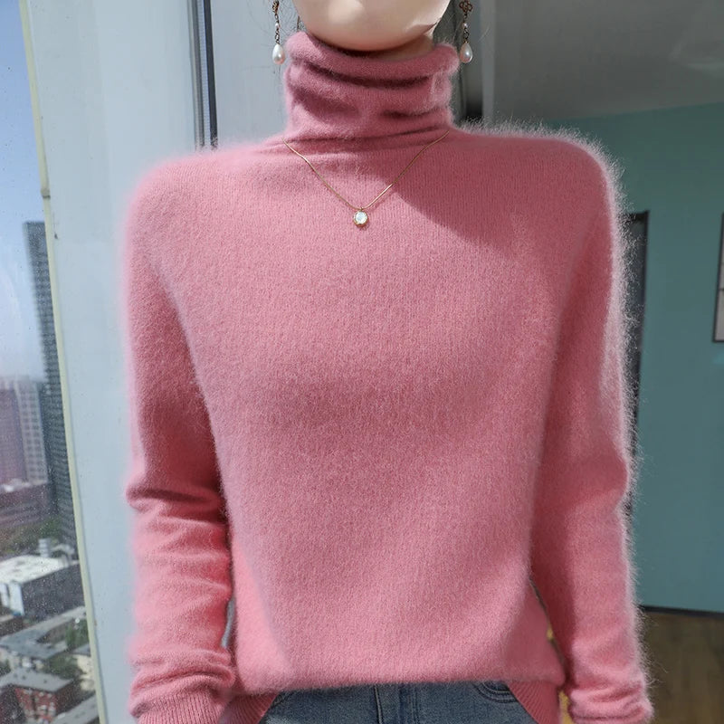 Autumn And Winter New 100% Pure Mink Cashmere Sweater Women's Pile Collar Pullover Slim Sweater Knitted Bottoming Shirt
