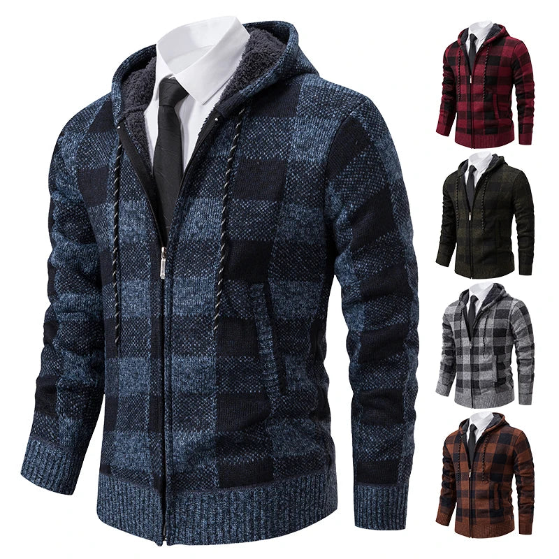 Autumn Winter Men's Cardigan Fashion Plus Velvet Padded Knit Jumpers Male Sweater Hooded Plaid Korean Luxury Brand Coat