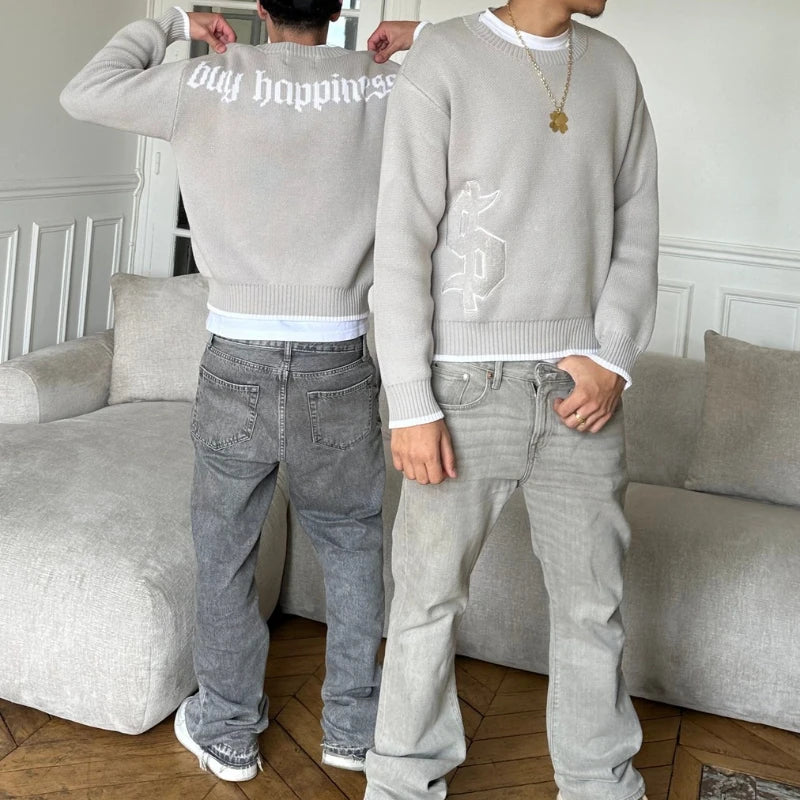 Men Gray Money Sign Sweater Y2k American Dollar Knit Pullover Vintage Classic Streetwear Warm Winter Crewneck Top Casual Fashion