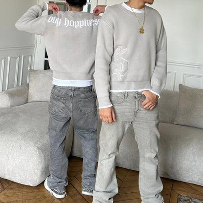 Men Gray Money Sign Sweater Y2k American Dollar Knit Pullover Vintage Classic Streetwear Warm Winter Crewneck Top Casual Fashion